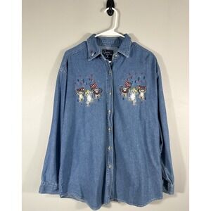 Vintage Quizz Again Denim Shirt Womens Large Cats USA Y2K 2000 Embroidered Read